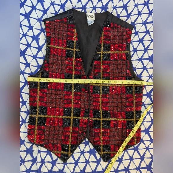 Vintage 70s 80s Theo Black & Red Plaid Heavily Sequined Vest Adult Small Beads - Picture 5 of 8